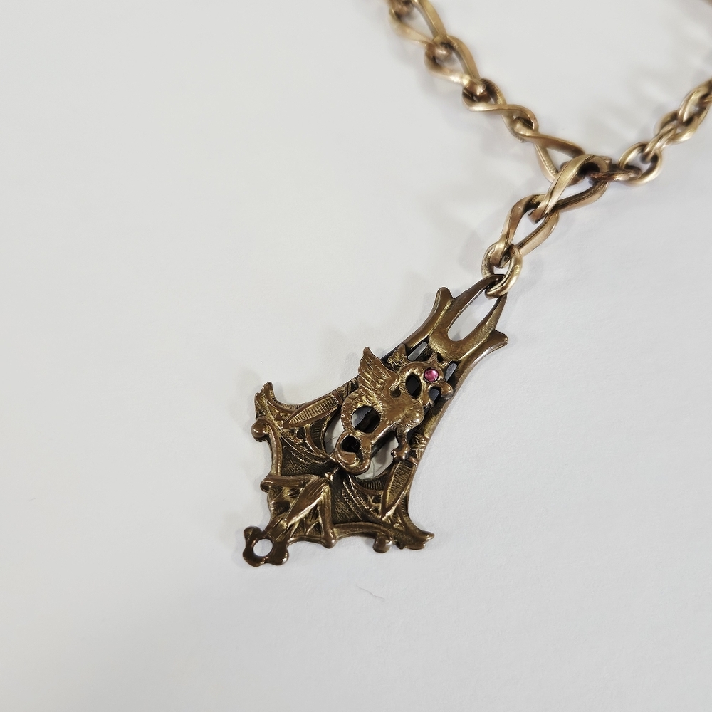 Antique Victorian Art Nouveau Albert Bronze Pocket Watch Chain Dragon Drop Charm - Picture 2 of 9